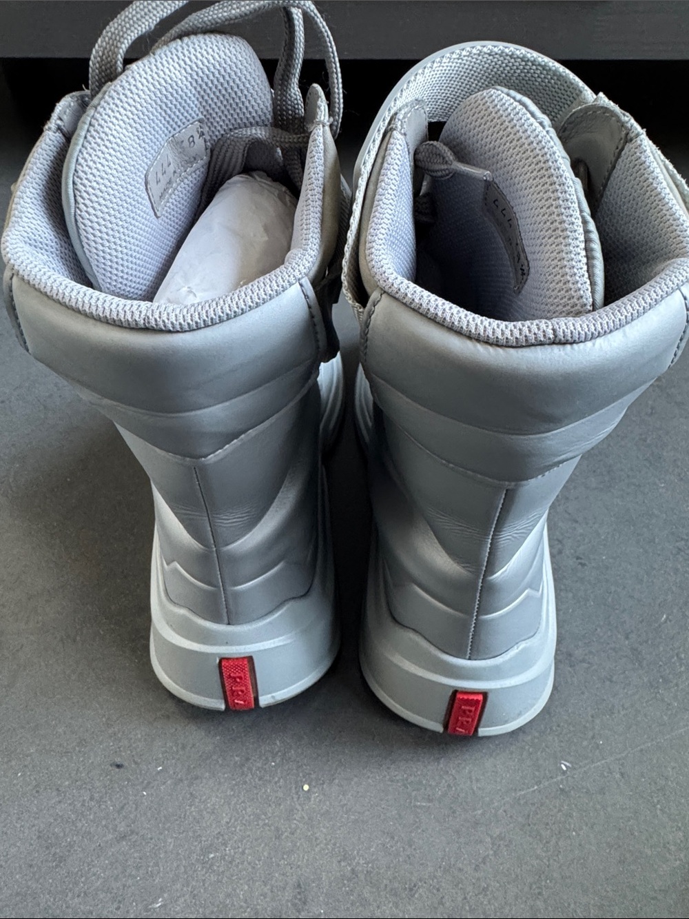 Prada Light Gray High-Top Lace-Up Boots with Red Logo Strap - Picture 3 of 4